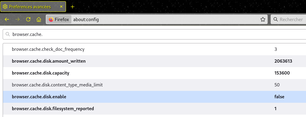 Configuration du cache de Firefox